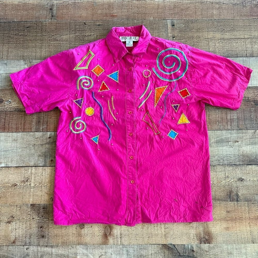 Vintage Harbour Vue Womens Embroidered Short Sleeve Button Down in Pink -12